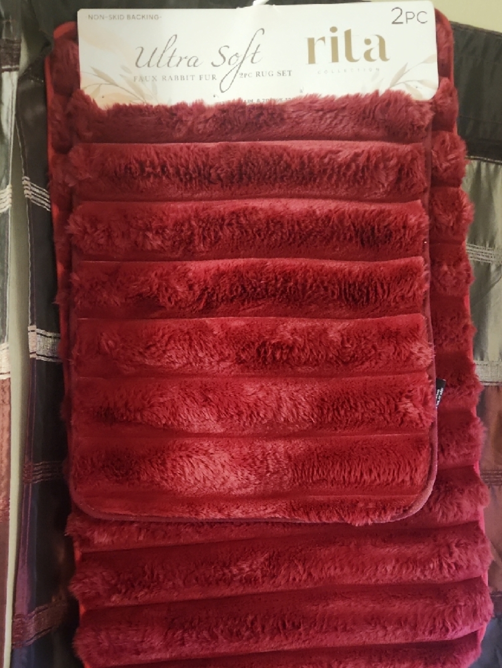Faux Rabbit Fur. Ultra Soft Red Bath Rug Set - 2 Piece Bundle